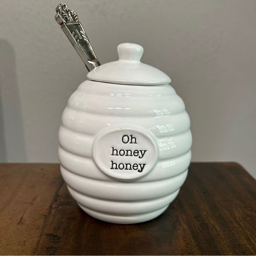 Mud pie white beehive honey jar dish decor kitchen tea bees ceramic cute